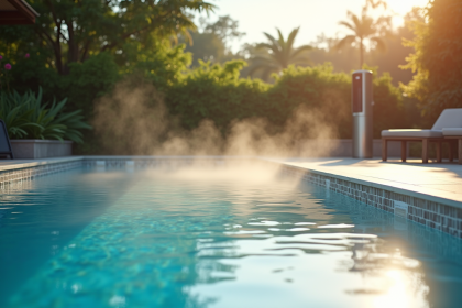 Piscine extérieure moderne avec eau chauffée et vapeur matin