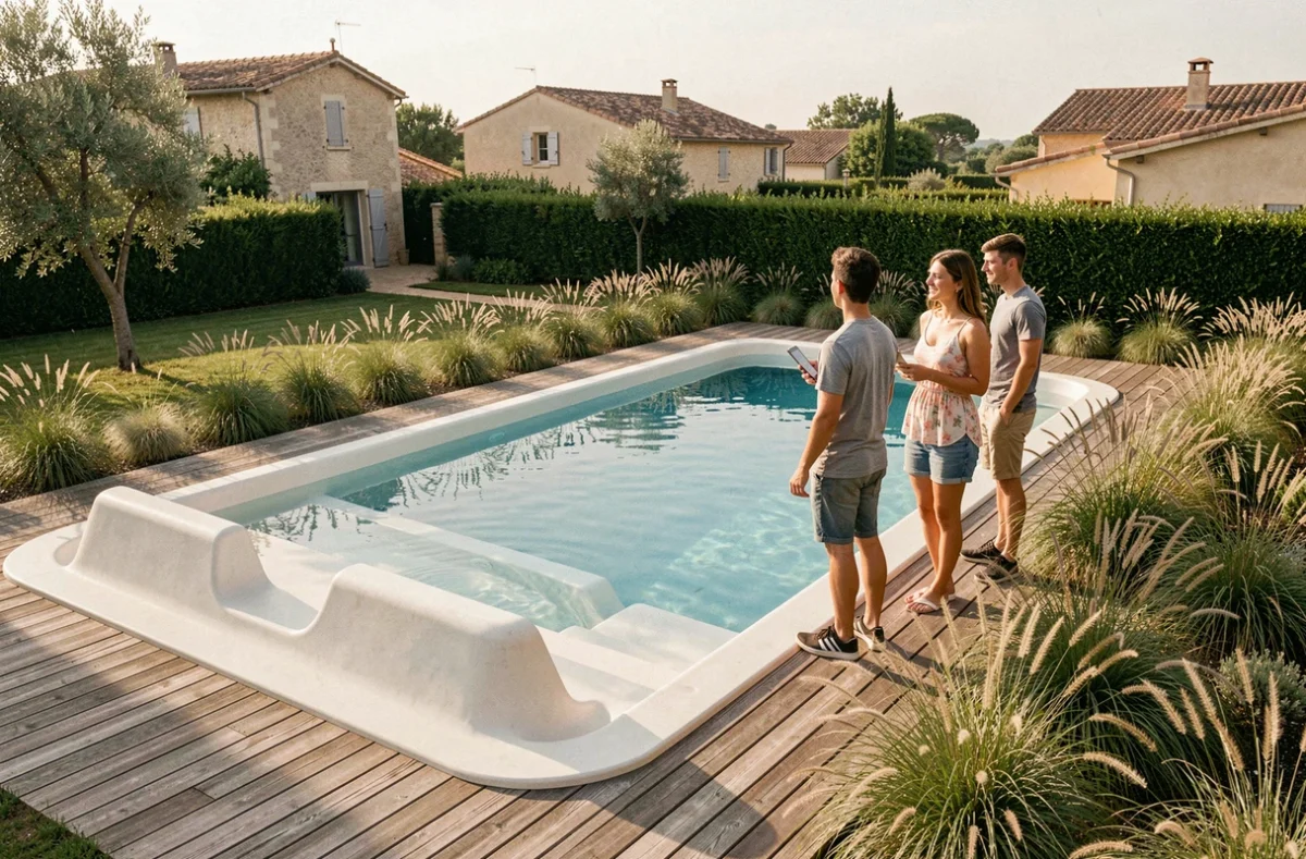 Famille autour d'une piscine en fibre de verre moderne avec escalier intégré et terrasse en bois dans un jardin de maison individuelle