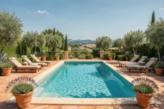 Belle piscine résidentielle dans un jardin méditerranéen en Occitanie avec végétation luxuriante et eau turquoise