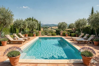 Belle piscine résidentielle dans un jardin méditerranéen en Occitanie avec végétation luxuriante et eau turquoise