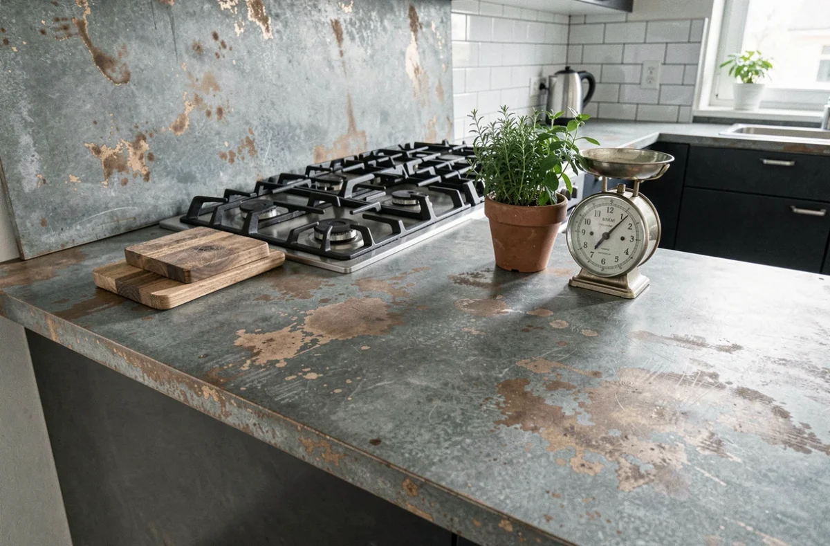 Plan de travail en zinc patiné dans une cuisine moderne parisienne avec ustensiles alimentaires