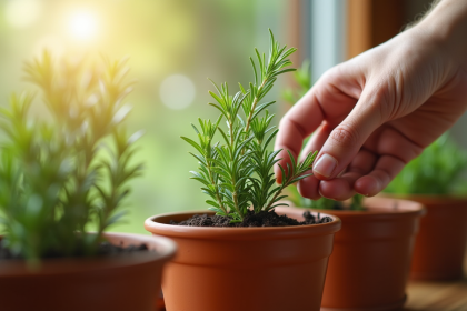 Mains plantant du romarin dans des pots en terre cuite ensoleillés