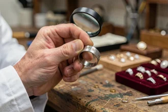 Bijoutier examinant le poinçon gravé sur une bague en argent à la loupe dans un atelier d'orfèvrerie
