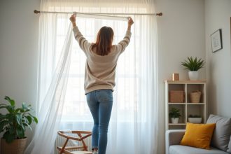 Femme posant des crochets adhésifs sur un mur blanc pour décorer