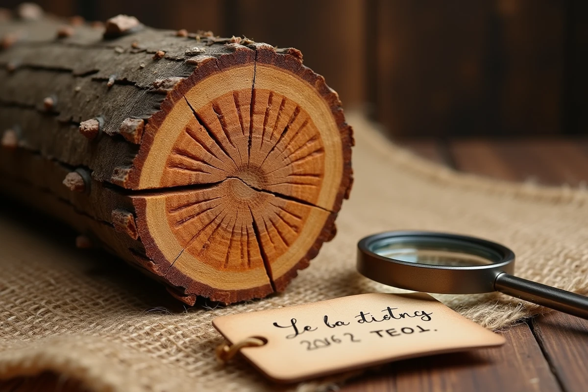Section transversale d'une bûche atteinte de pourriture cubique brune causée par la mérule avec test d'inspection visuel