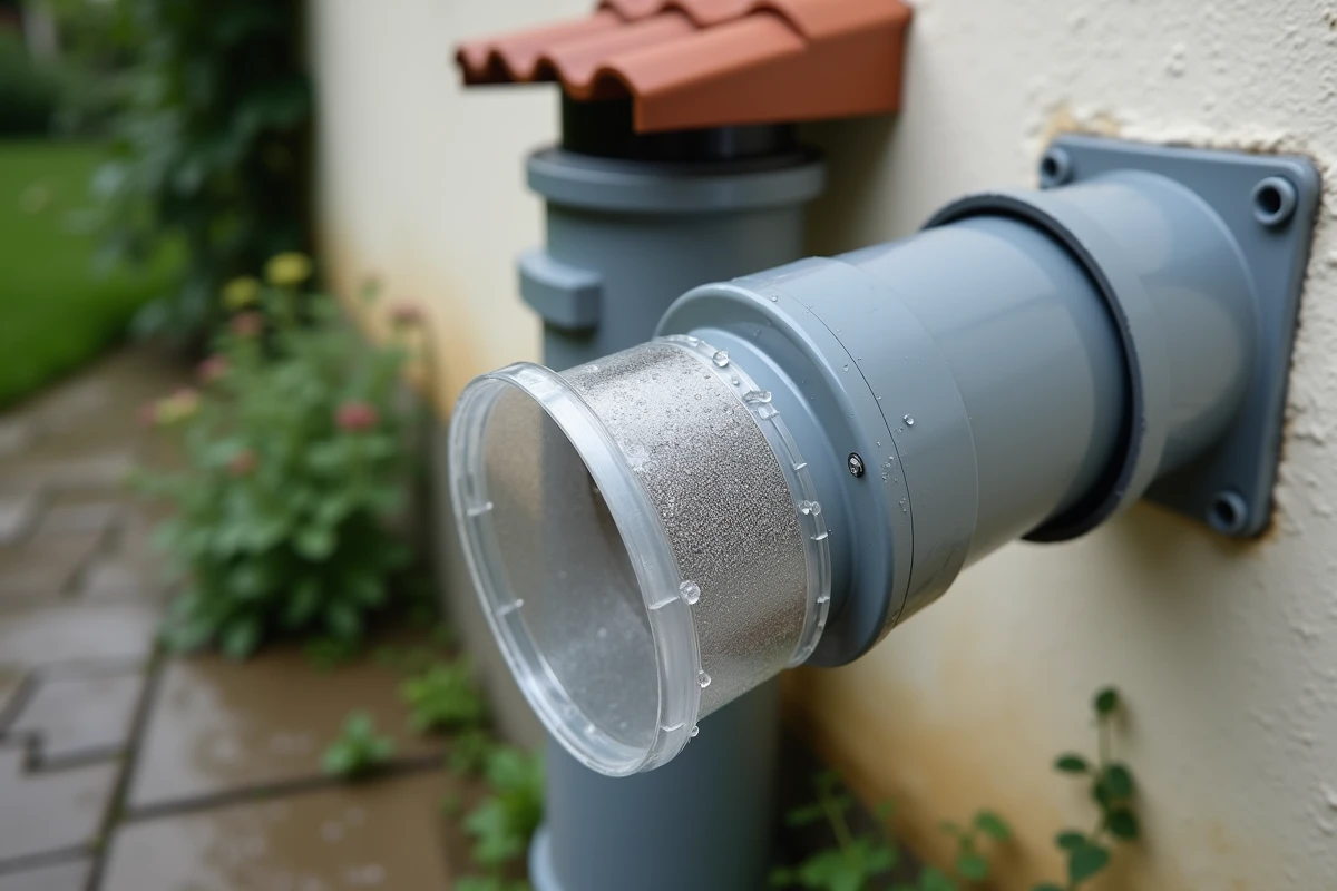 Gros plan sur un premier jet filtrant installé sur une descente de gouttière de maison individuelle avec filtre en maille fine visible