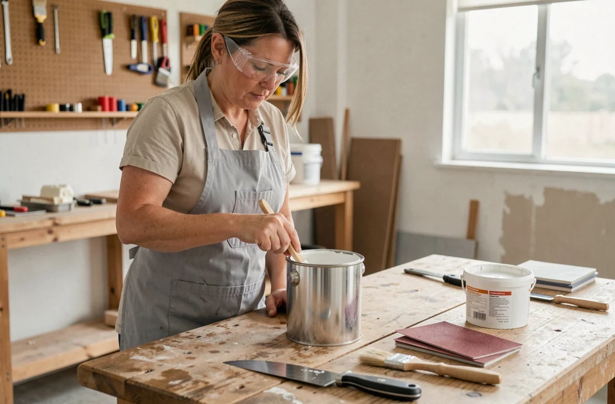 Femme mélangeant de la peinture Action blanche dans un atelier de rénovation, entourée d'outils de préparation du support comme enduit, spatule et papier de verre