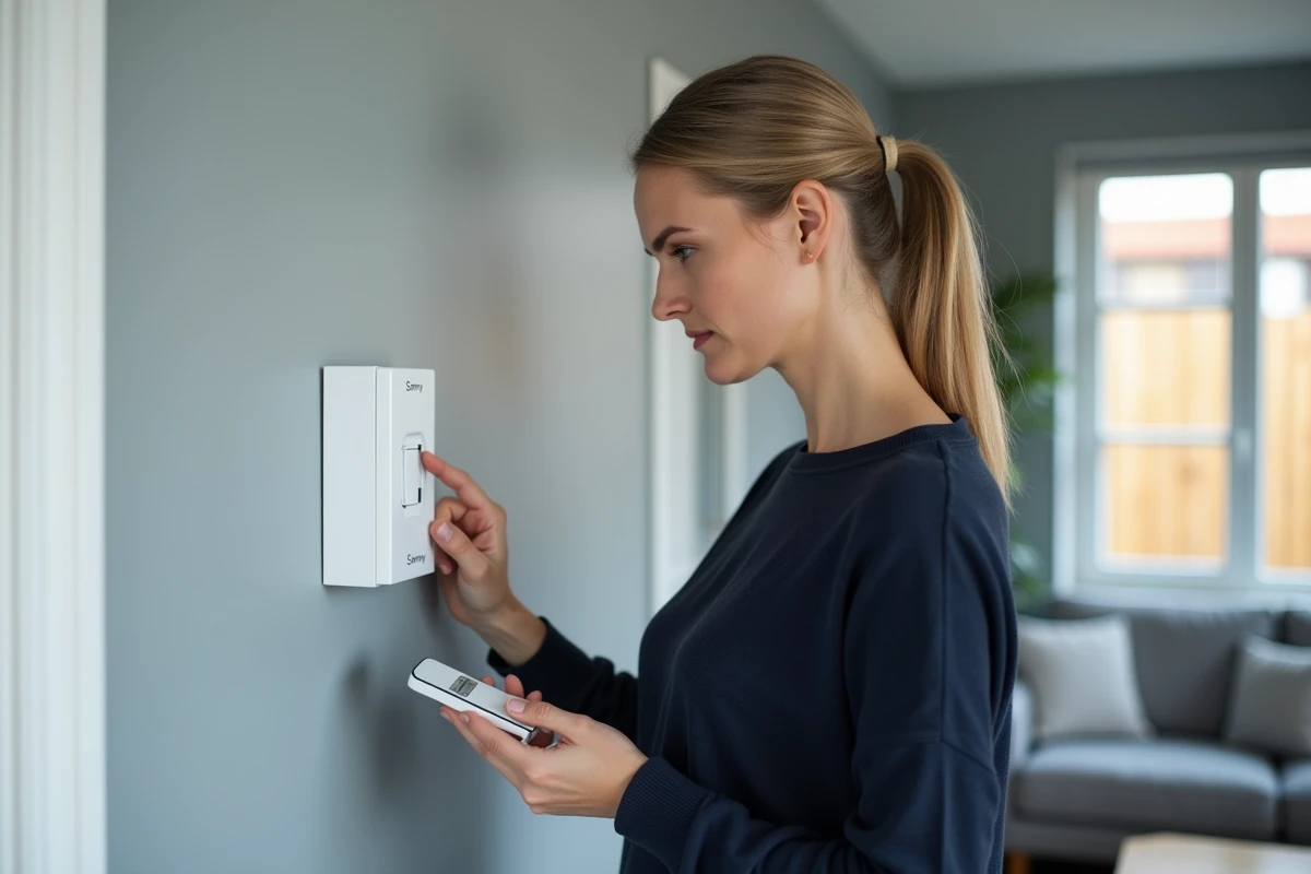 Femme appuyant sur le bouton de programmation d'un récepteur Somfy RTS pour réinitialiser la télécommande