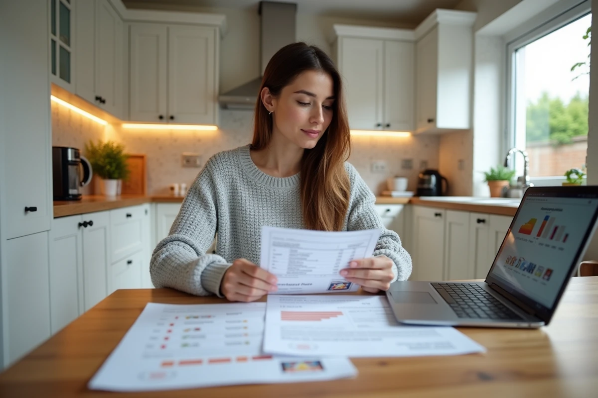 Propriétaire examinant un certificat DPE sur la table de sa cuisine moderne avec ordinateur portable