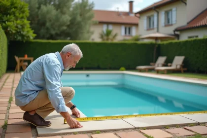 Propriétaire mesurant les dimensions d'une petite piscine hors-sol dans un jardin résidentiel français