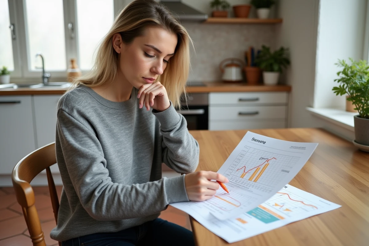 Propri&eacute;taire examinant le rapport d'audit thermique de son logement &agrave; la table de la cuisine