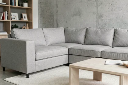 Protège canapé d'angle ajusté en tissu gris sur un canapé en L dans un salon moderne au style scandinave