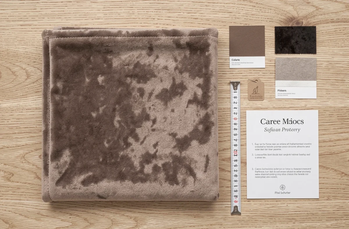 Protège canapé d'angle en velours taupe présenté en vue à plat avec nuancier et mètre ruban sur table en bois