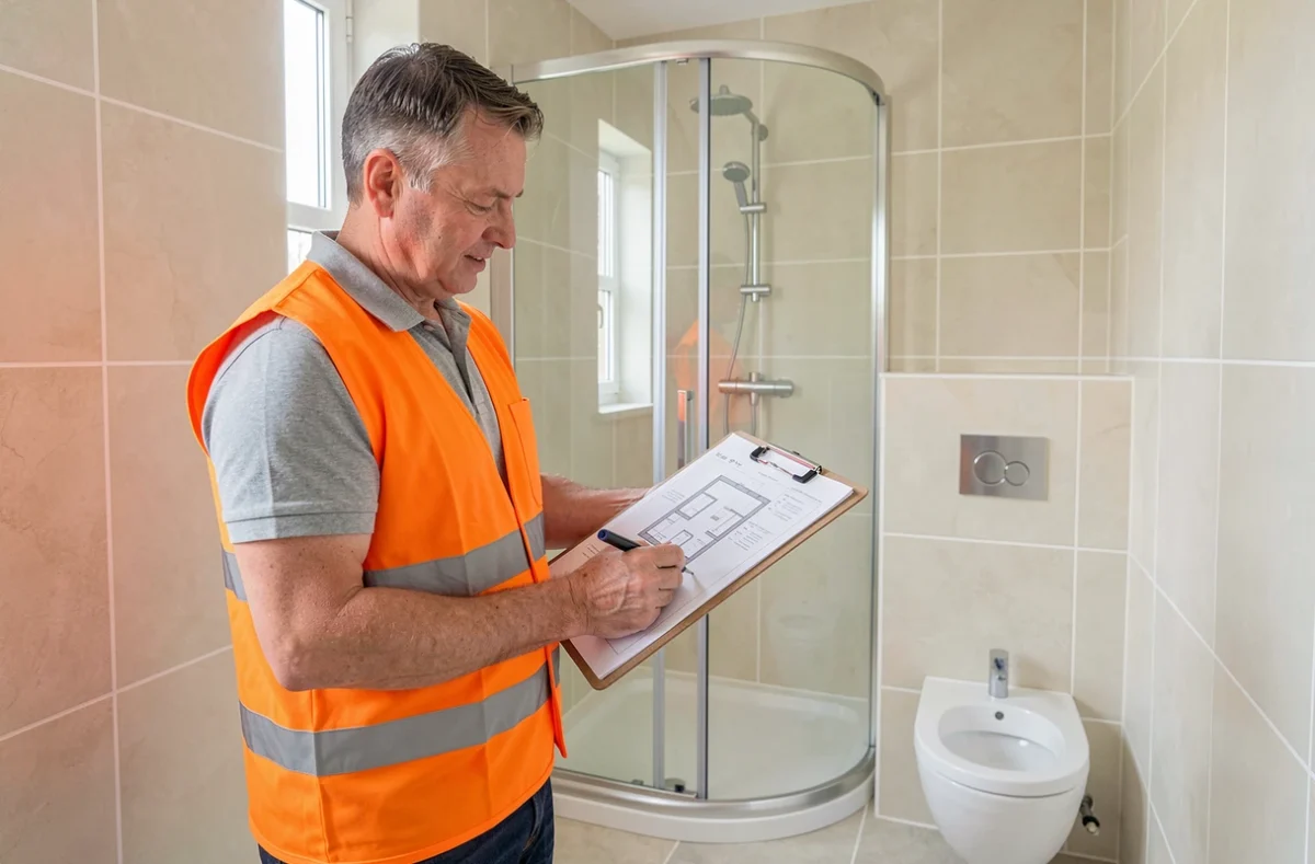 Entrepreneur en rénovation habitat examinant des plans dans une salle de bain rénovée en Pays de la Loire