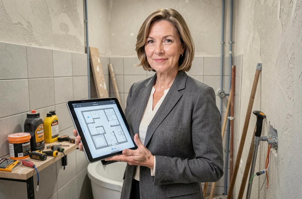 Coordinatrice de travaux supervisant un chantier de rénovation de salle de bain avec une tablette numérique