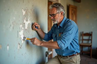 Homme appliquant une pâte blanche sur un mur ancien avec taches de salpetre