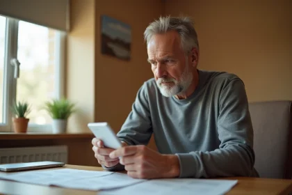 Homme reprogrammant une télécommande Somfy en consultant la notice sur un bureau en bois