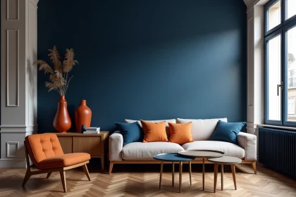 Petit salon parisien avec mur bleu marine et accessoires terracotta illustrant le contraste complémentaire dans une petite pièce