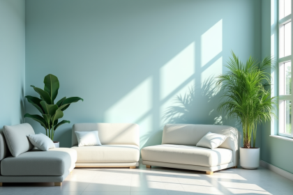 Salon moderne lumineux avec plantes vertes et murs bleus