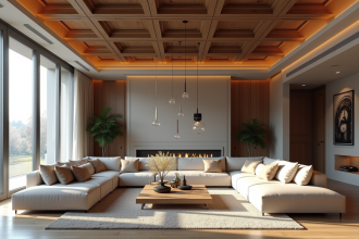 Salon moderne avec plafond en bois et éclairage élégant