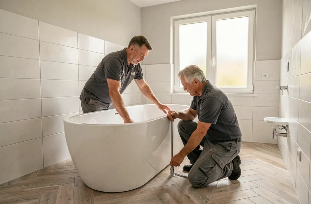 Deux techniciens installant une baignoire îlot dans une salle de bain rénovée en Loire-Atlantique