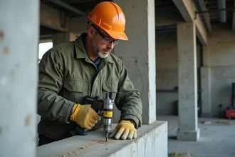 Technicien injectant une résine de scellement chimique dans une paroi en béton avec un pistolet à cartouche professionnel