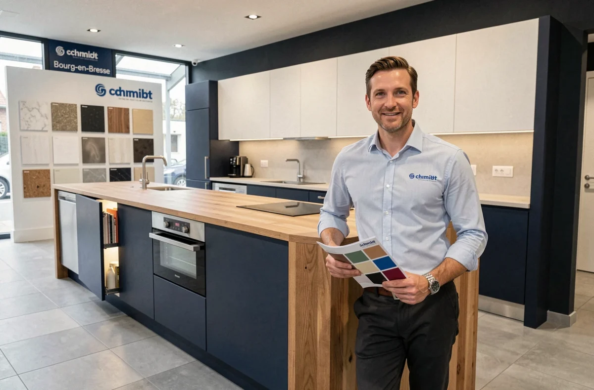 Conseiller Schmidt de Bourg-en-Bresse présentant une cuisine bicolore bleu marine et blanc dans un showroom contemporain