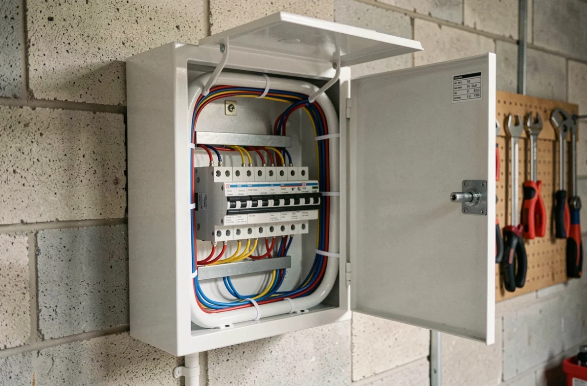 Tableau électrique ouvert avec goulottes PVC organisées et câblage structuré dans un garage