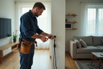 Technicien connectant un câble coaxial TV à une prise murale dans un salon moderne