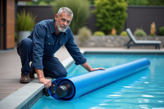 Technicien piscine en tenue examinant la couverture automatique