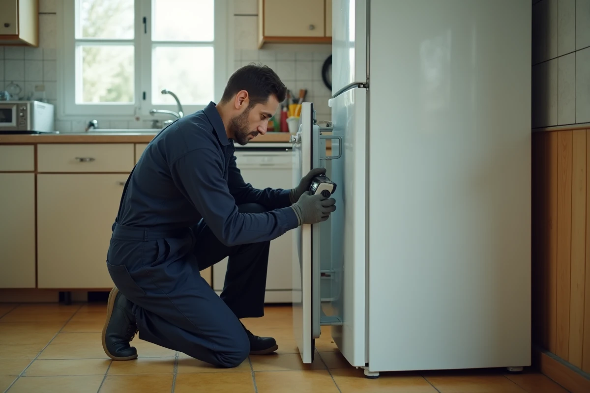 Technicien inspectant l'arrière d'un réfrigérateur bruyant dans une cuisine