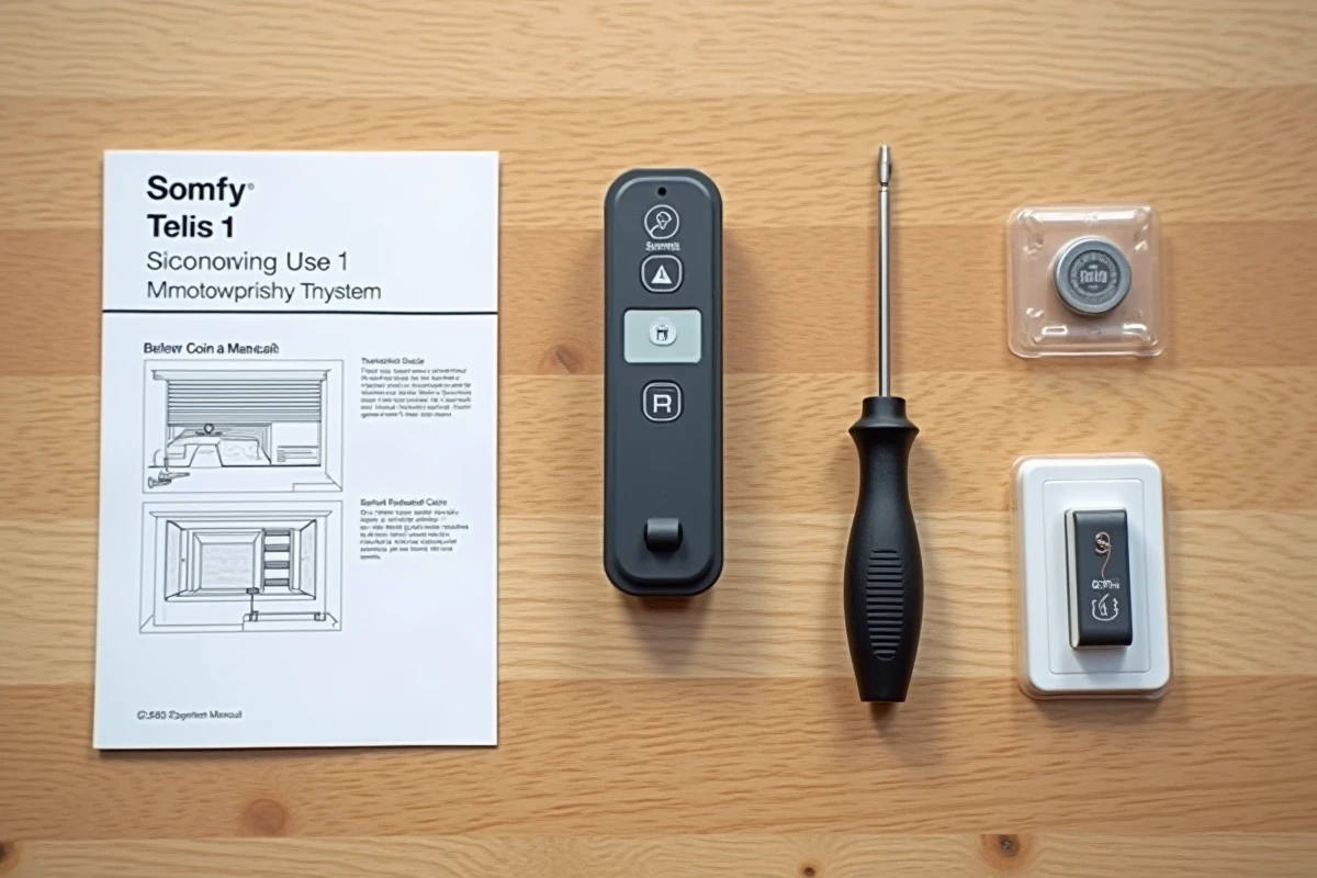 Télécommande Somfy Telis posée sur une table avec notice de reprogrammation, tournevis et pile de rechange