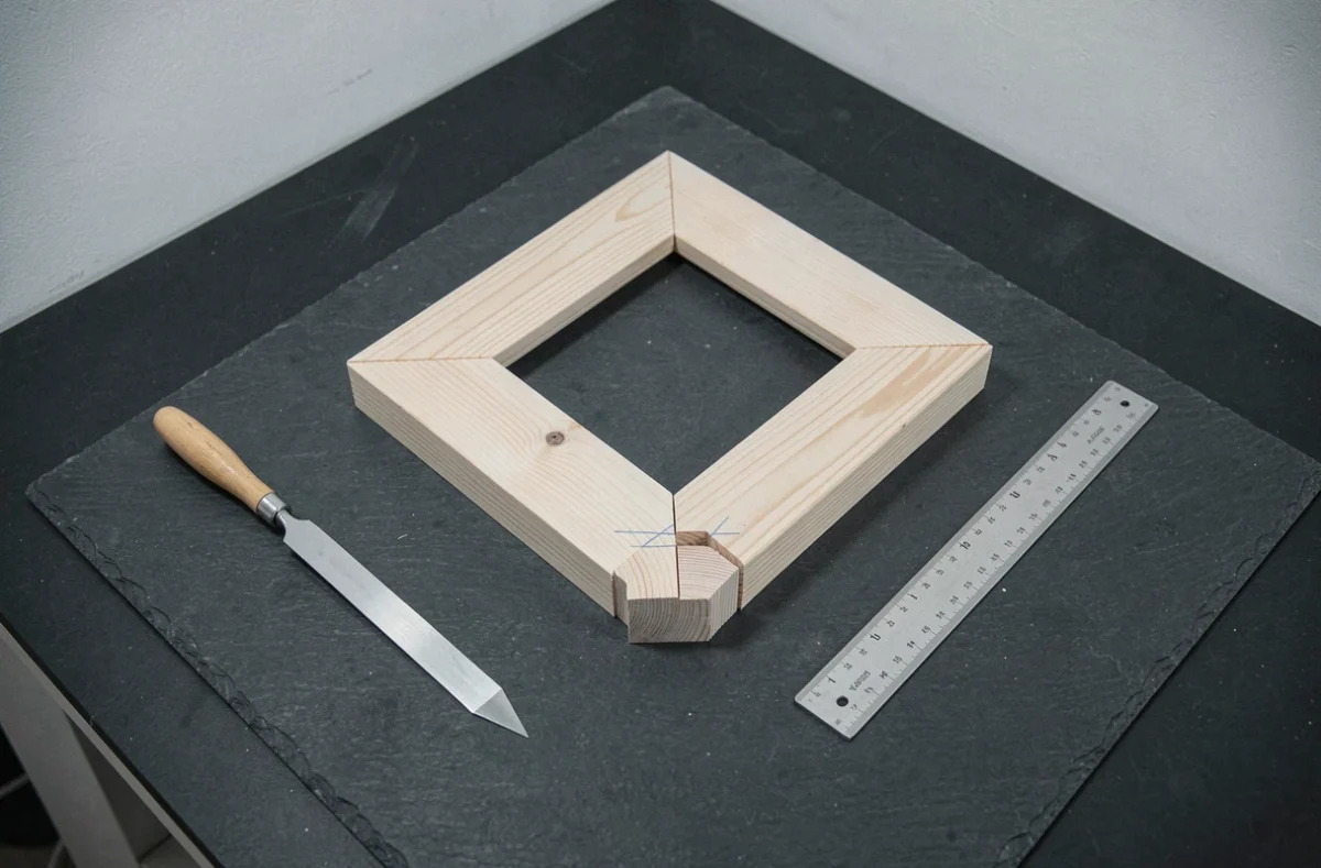Coin de cadre en frêne avec joint tenon mortaise visible sur plan de travail ardoise avec outils de marquage