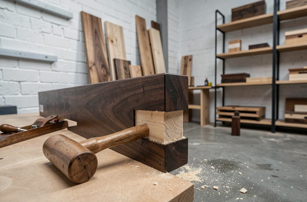 Joint tenon mortaise sur un pied de table en noyer massif avec maillet et trusquin dans un atelier de menuiserie contemporain