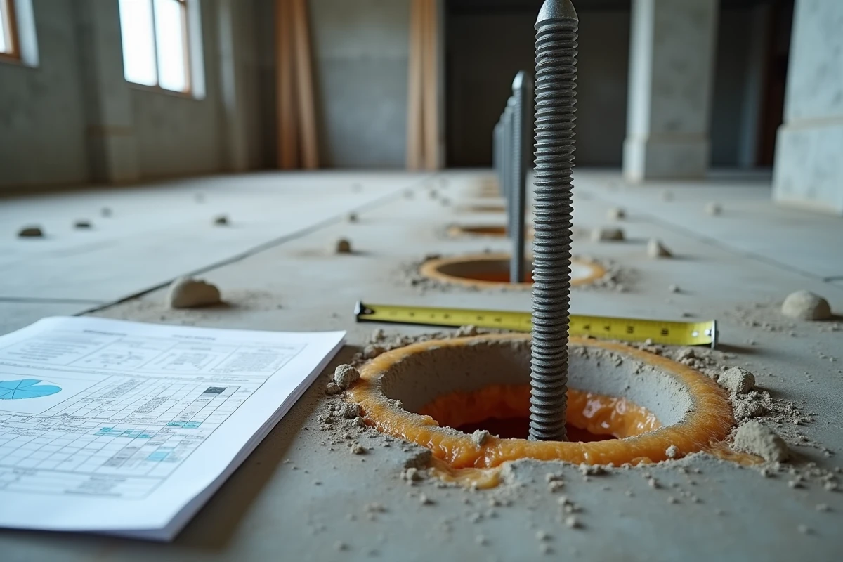 Tiges filetées scellées chimiquement dans une dalle en béton avec résine époxy visible autour des points d'ancrage