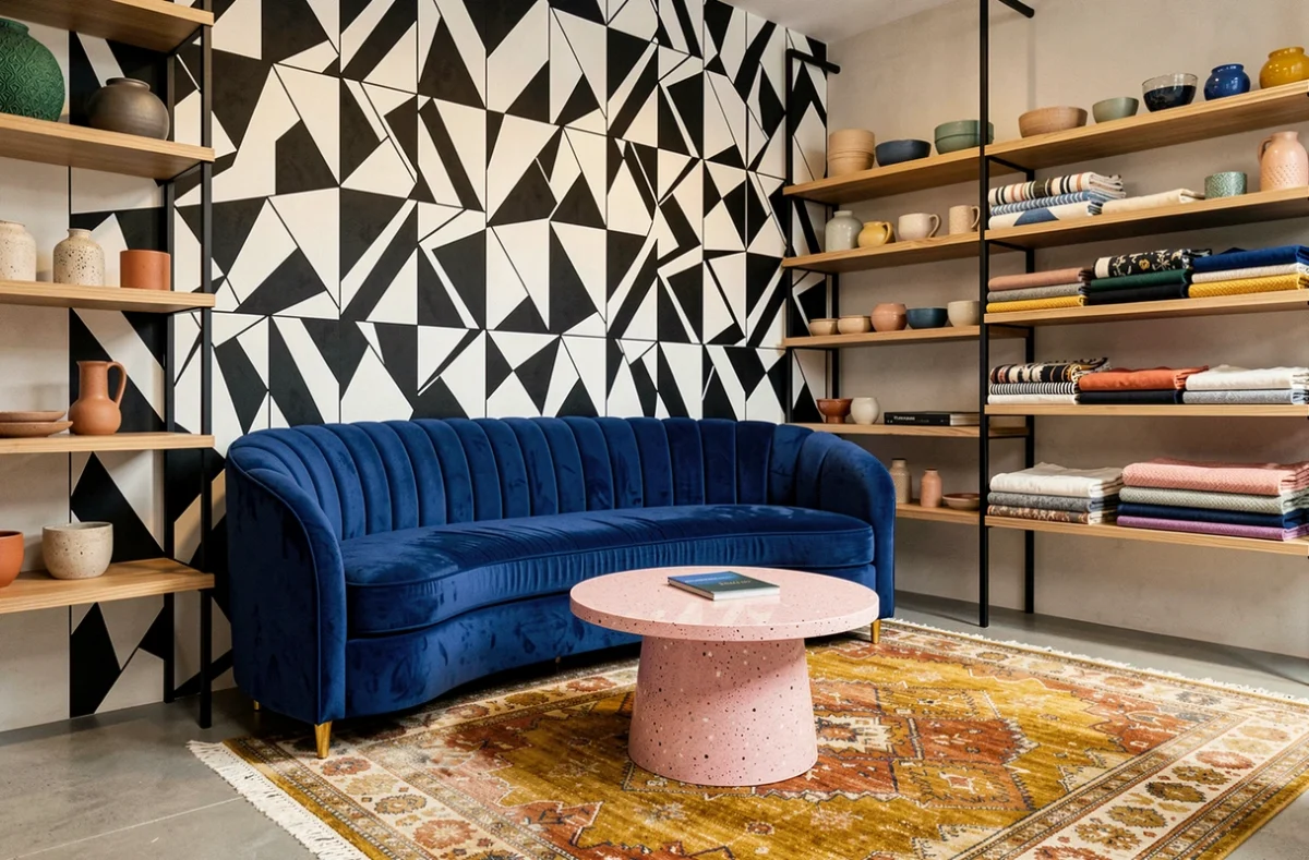 Salon éclectique avec canapé en velours bleu cobalt, papier peint graphique et table basse en terrazzo rose, univers Tijou