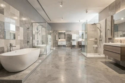 Showroom de salles de bain modernes dans les Pays de la Loire avec diverses installations en exposition