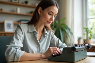 Femme inspectant les touches d'une machine à écrire fonctionnelle avant achat dans un bureau à domicile