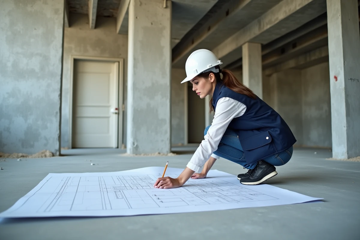 Architecte analysant des plans structurels avant de casser un mur non porteur