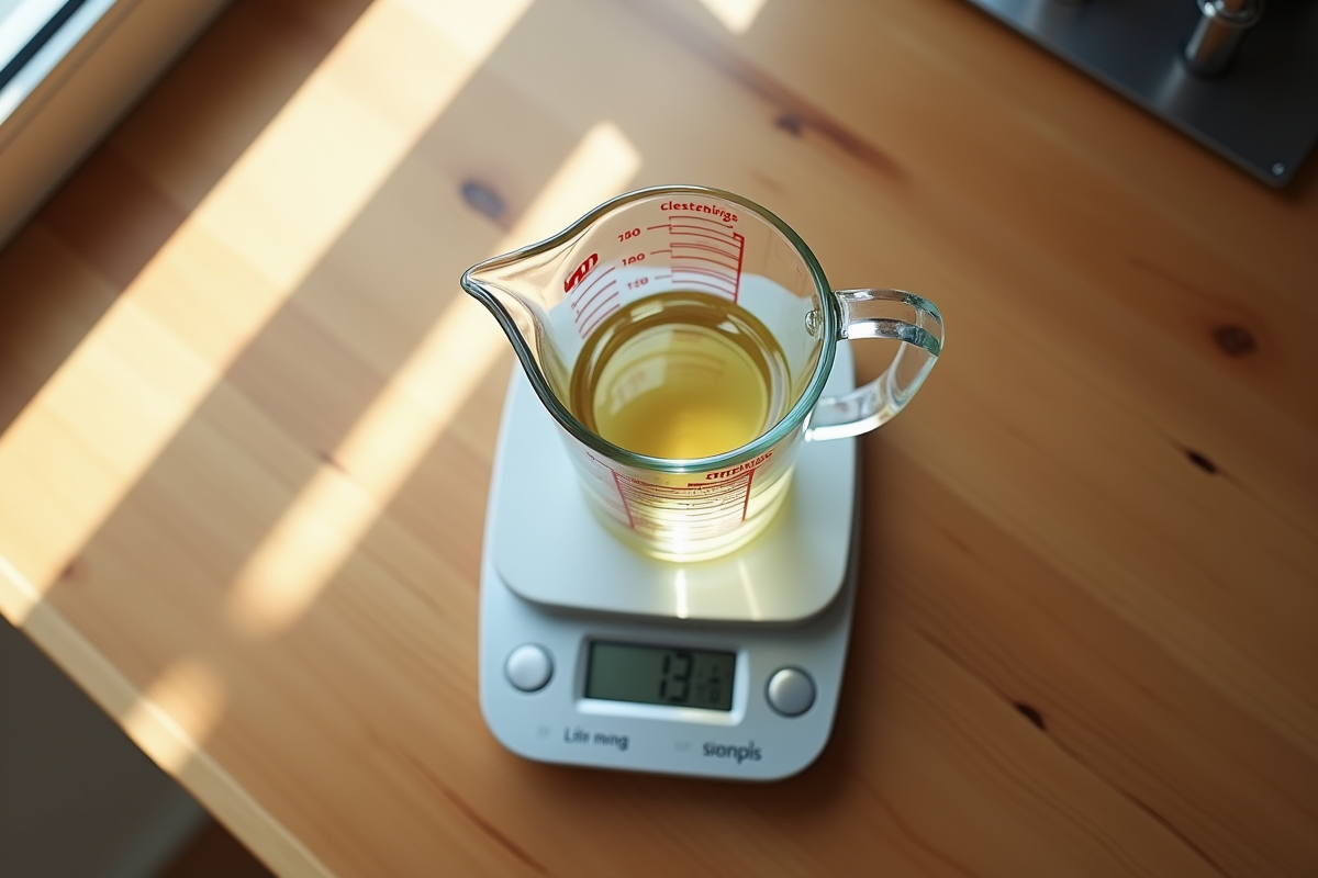 Verre mesureur avec liquide sur balance de cuisine